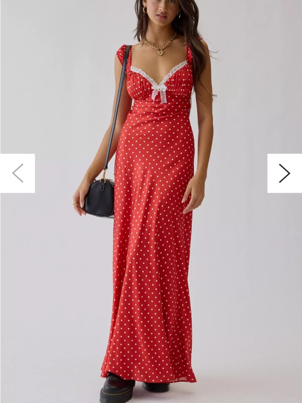 For Love & Lemons UO Exclusive Emmaline Polka Dot Satin Maxi Dress Red Lace